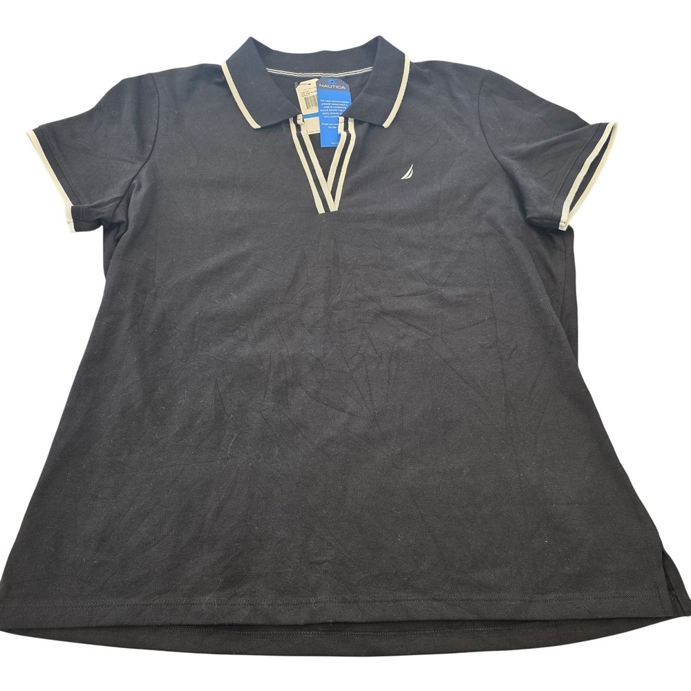 🆕️ - NWT -Nautica Black Polo Shirt Recycled Polyester Blend Trim Logo XL
